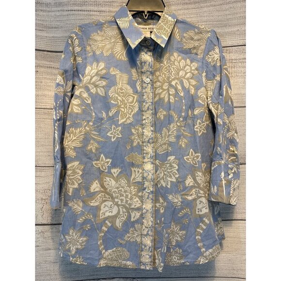 Gretchen Scott Blue Floral Button Down Shirt Size M - Picture 1 of 3